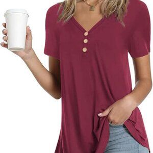 NWT Short Sleeve Buttons Loose Fit Tunic Top T-Shirt Wine Red 4XL